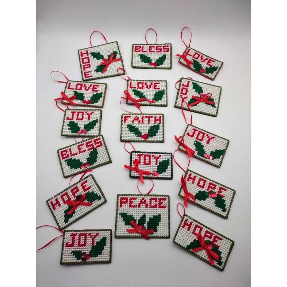 Vintage Lot of 16 Christmas Needlepoint Canvas Ornaments Gift Tags Hope Joy Love